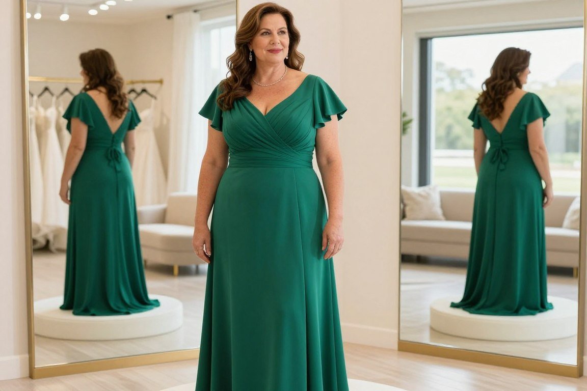 Plus size mother trying on elegant emerald green evening gown in boutique