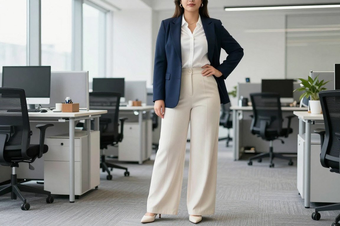 Plus size navy blazer paired with wide leg trousers for corporate setting