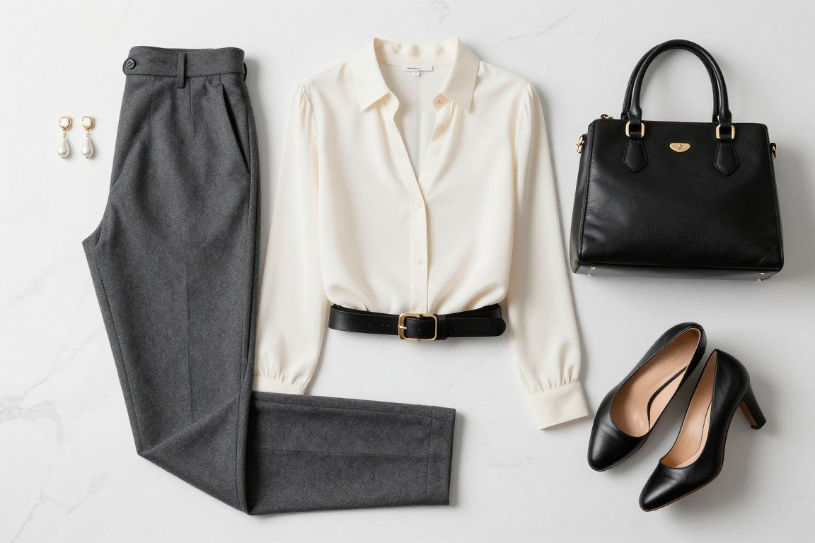 Plus size outfit featuring gray wool trousers with ivory blouse and structured bag