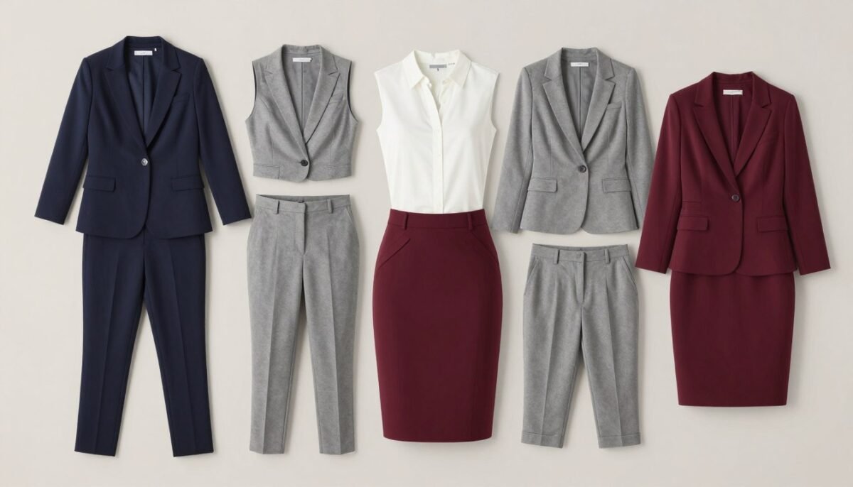 Plus size professional wardrobe color palette showing coordinating work clothes