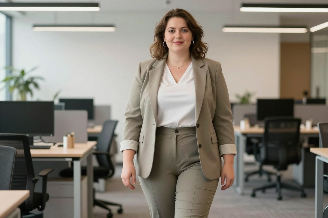 Plus size relaxed fit blazer with comfortable dress pants for modern corporate style