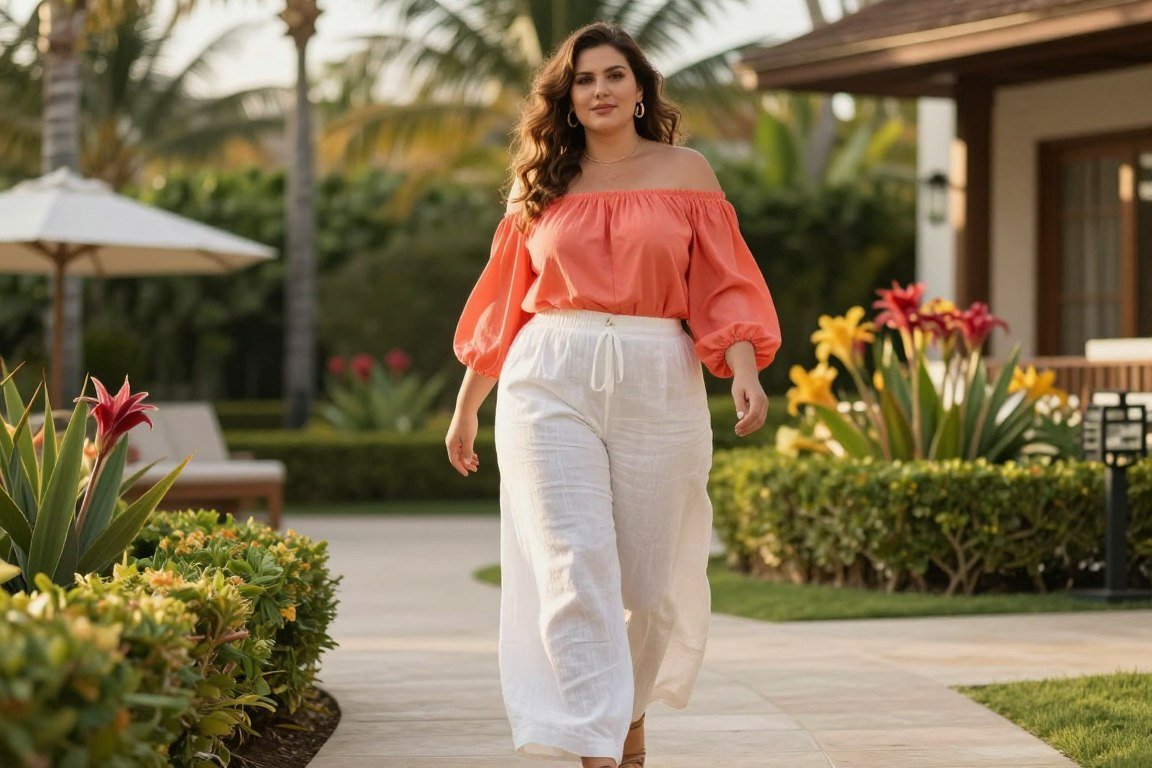 Plus size resort outfit with linen pants and flowing blouse