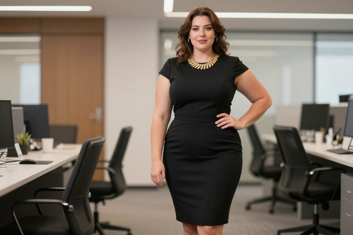 Plus size sheath dress styled with statement necklace for corporate look