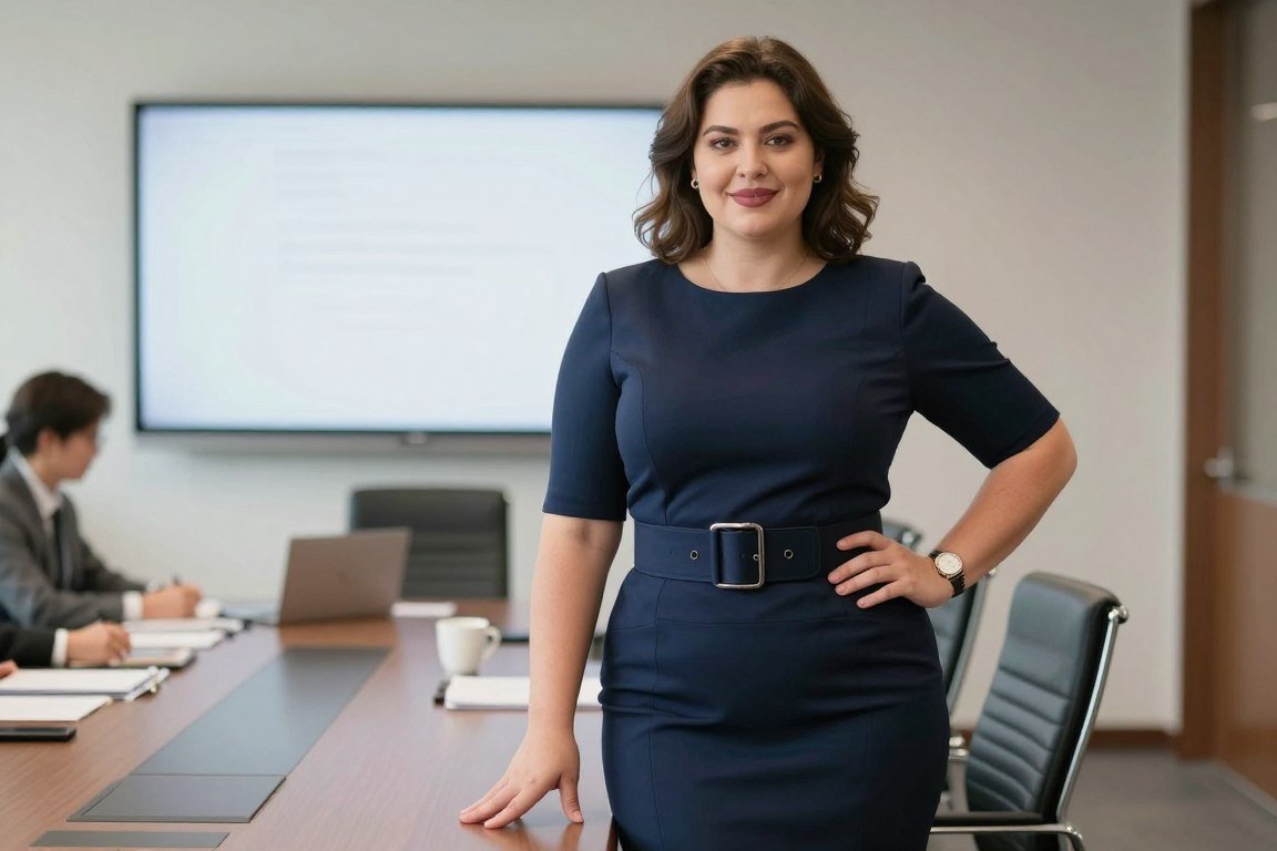 Plus size structured dress with statement belt for professional meetings