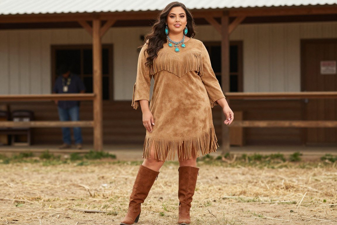 Plus size suede fringe western dress