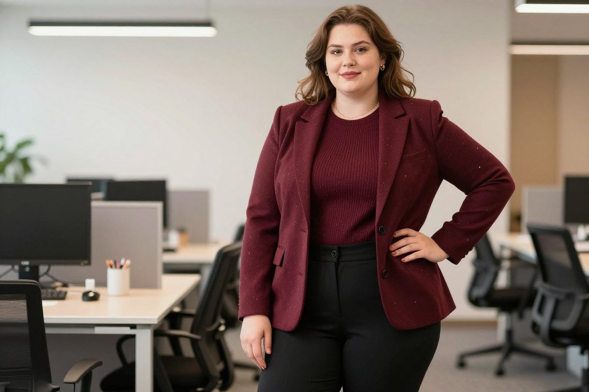 Plus size sweater blazer styled with dress pants for fall work outfit