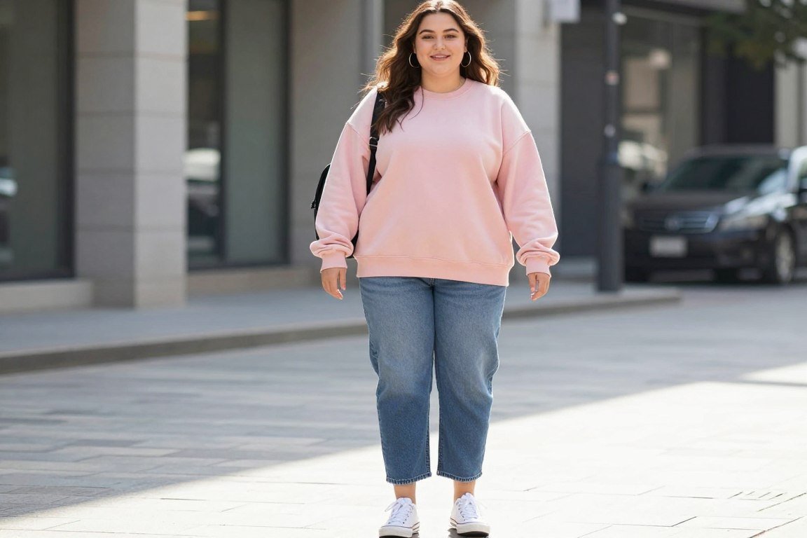 Plus size sweatshirt and jeans 90s casual look