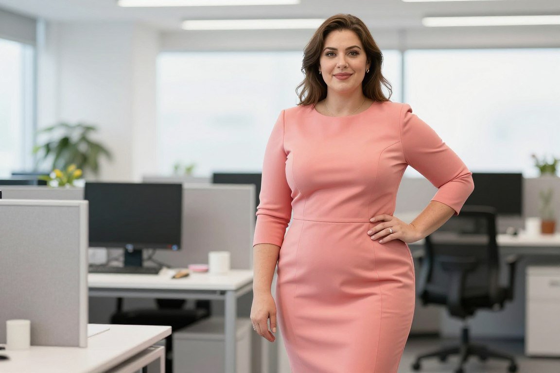 Plus size three-quarter sleeve dress in spring colors for corporate wear