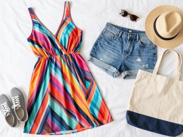 Plus size travel outfit ideas featuring stylish vacation clothing laid out on a bed