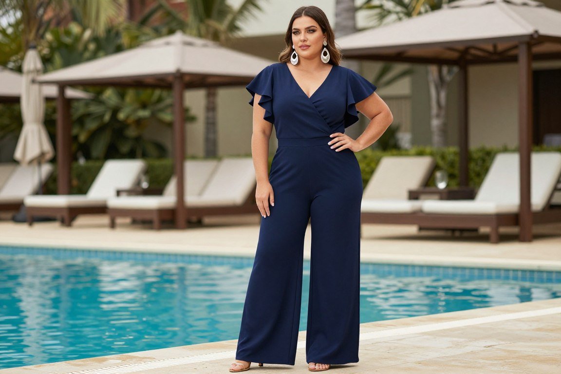 Plus size vacation jumpsuit in elegant resort setting