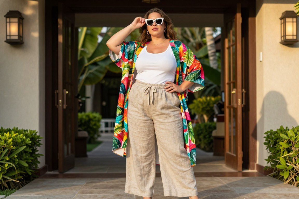 Plus size vacation outfit featuring statement print piece