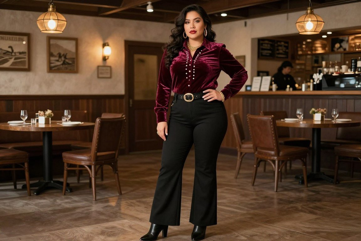Plus size velvet western shirt outfit