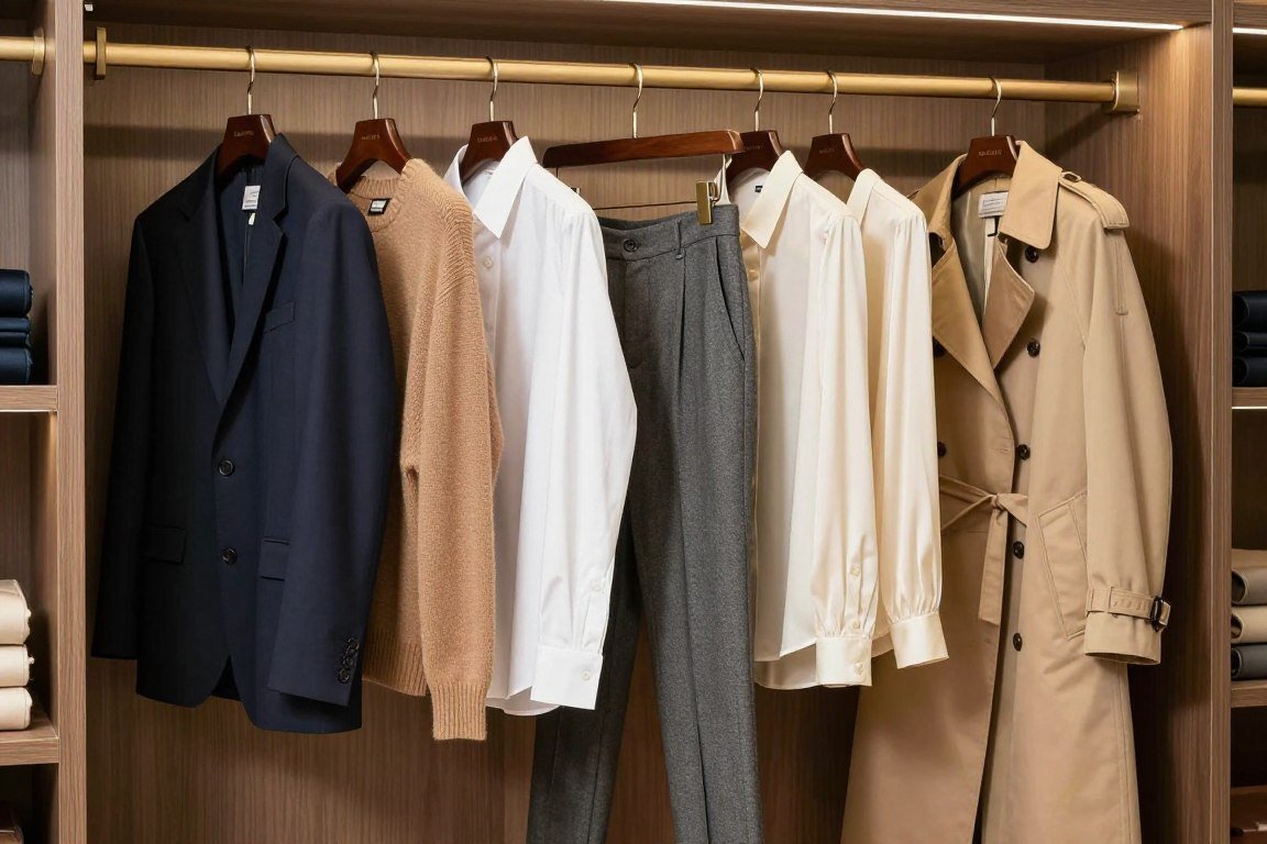 Plus size wardrobe essentials including tailored blazer, cashmere sweater, and classic trousers
