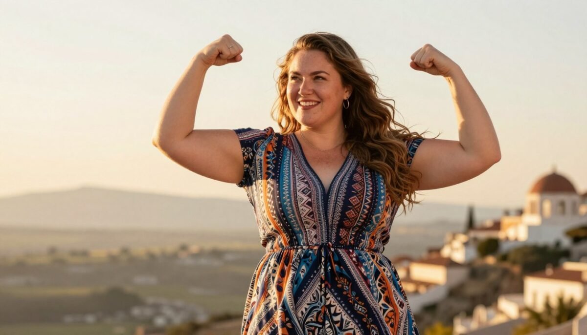 Plus size woman confidently posing in travel outfit