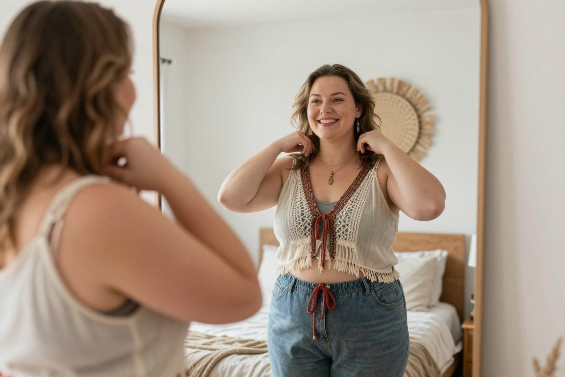 Plus size woman confidently styling boho outfit