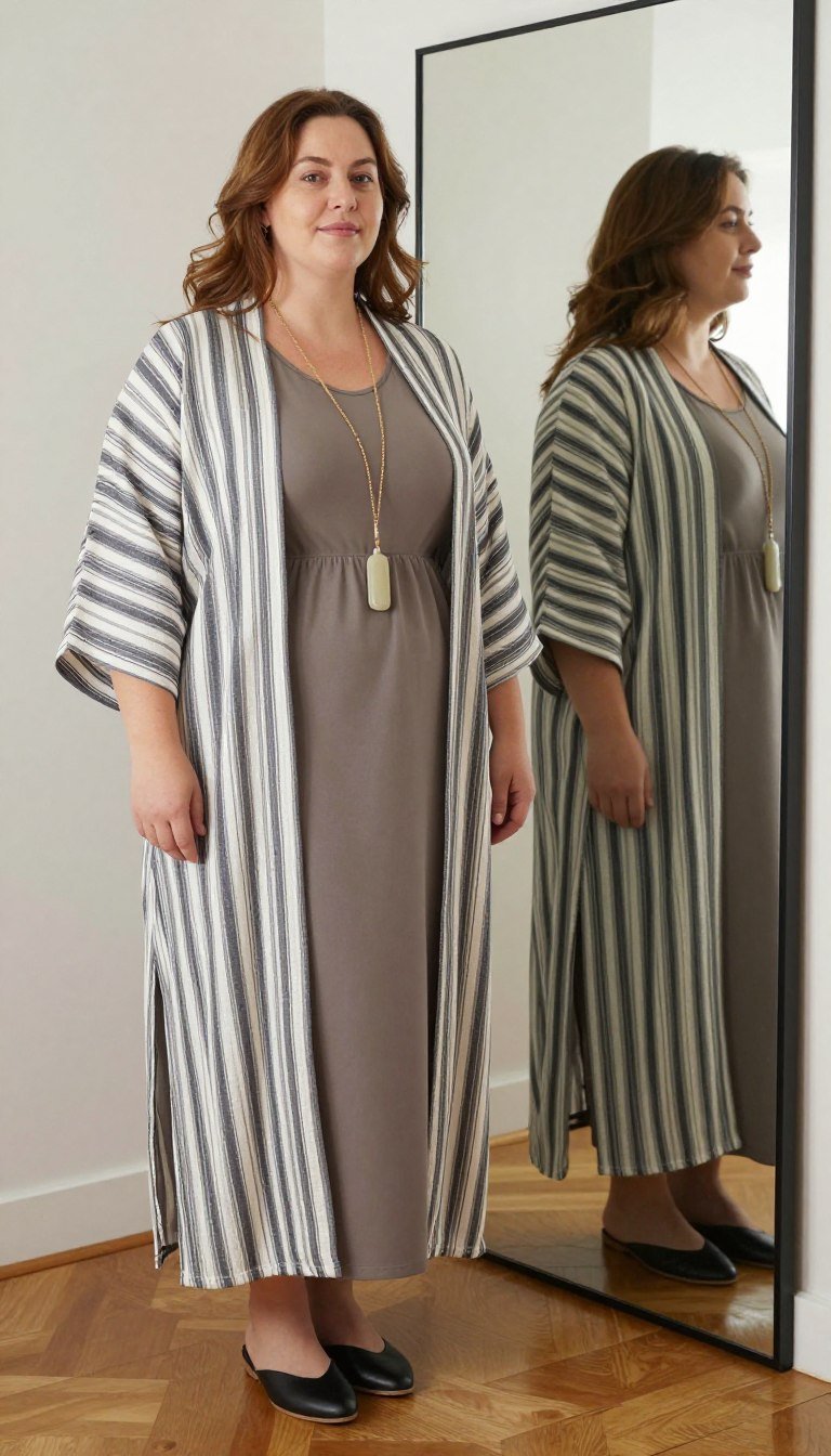 Plus size woman demonstrating vertical styling