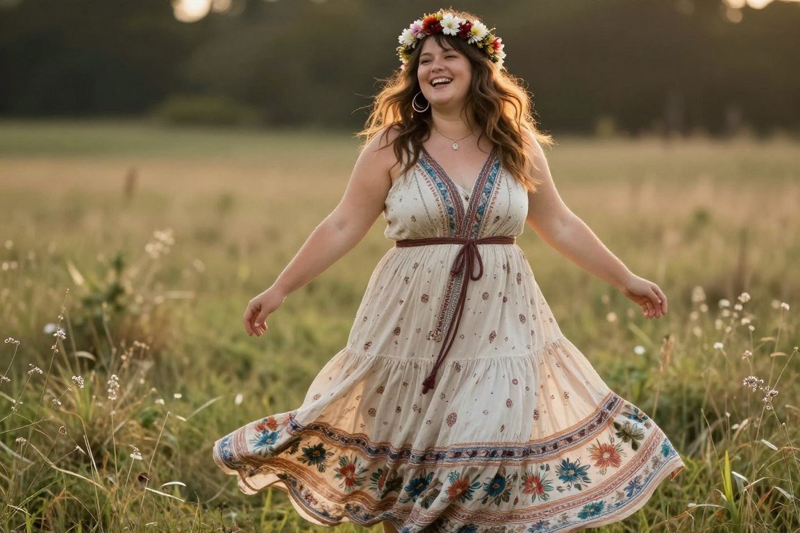 Plus size woman expressing joy in boho outfit