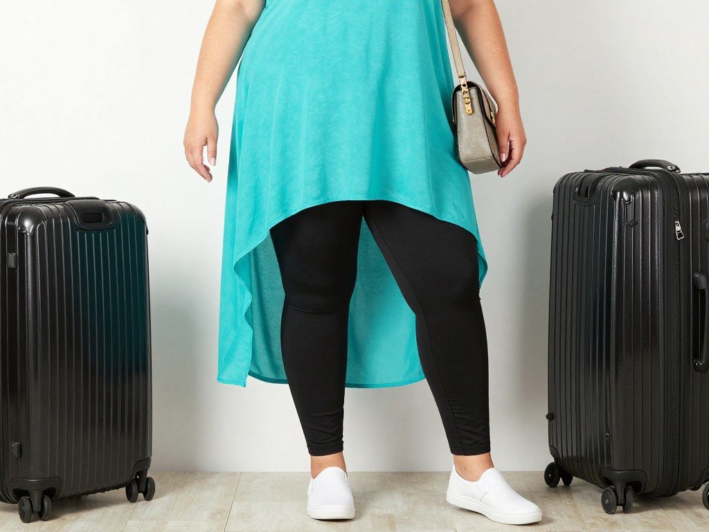 Plus size woman in black leggings and tunic top for embarkation day