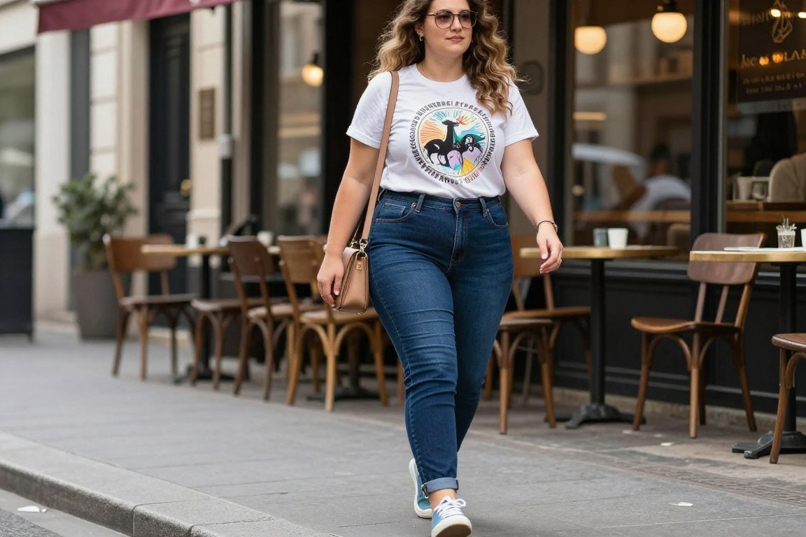 Plus size woman in casual denim and graphic tee for city travel