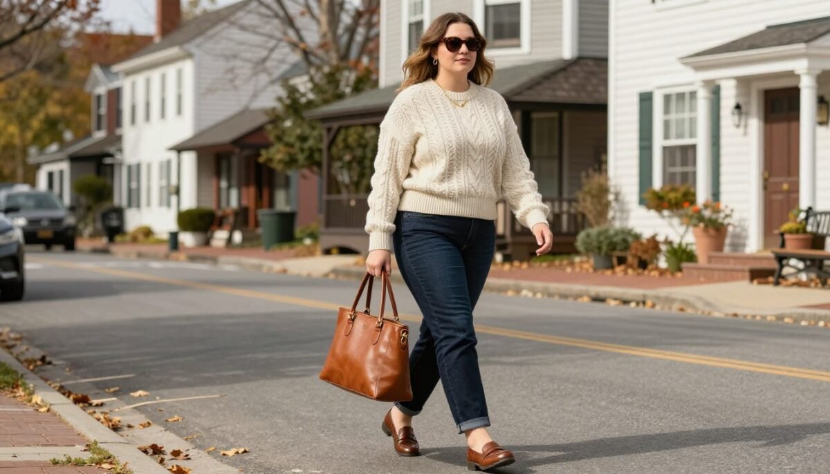 Plus size woman in casual old money weekend outfit with cable knit sweater and jeans Plus size woman in casual old money weekend outfit with cable knit sweater and jeans