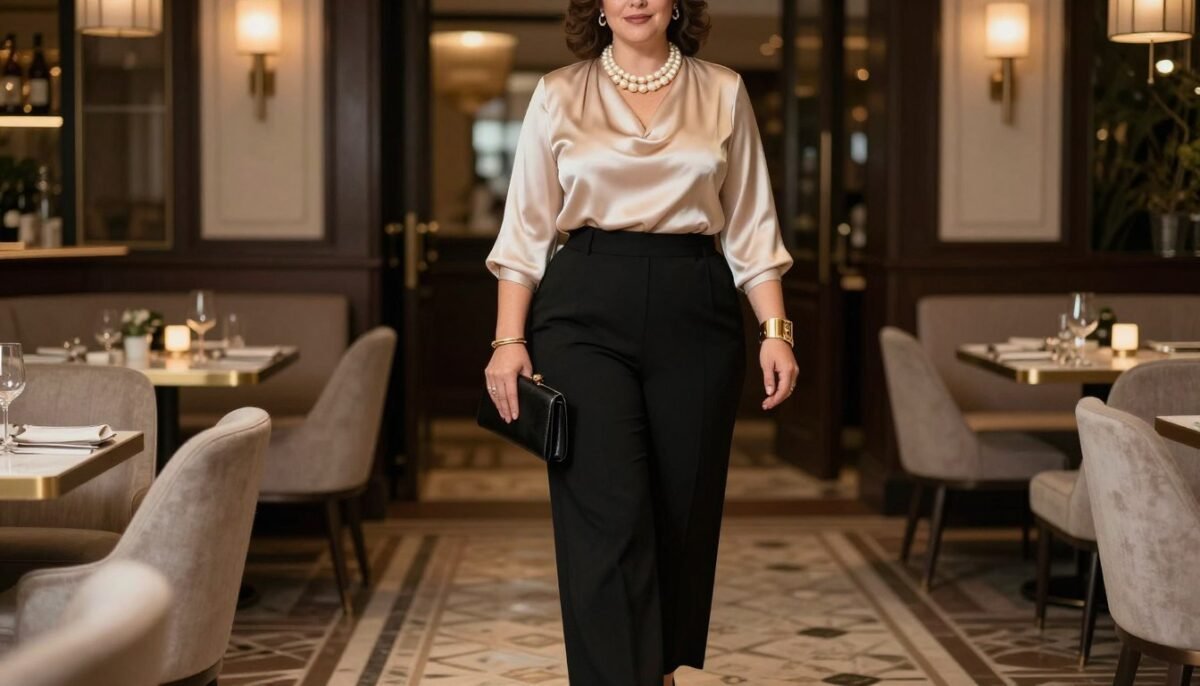 Plus size woman in elegant evening old money outfit with silk blouse and tailored pants Plus size woman in elegant evening old money outfit with silk blouse and tailored pants