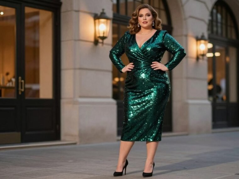 Plus size woman in elegant sequin dress ready for night out