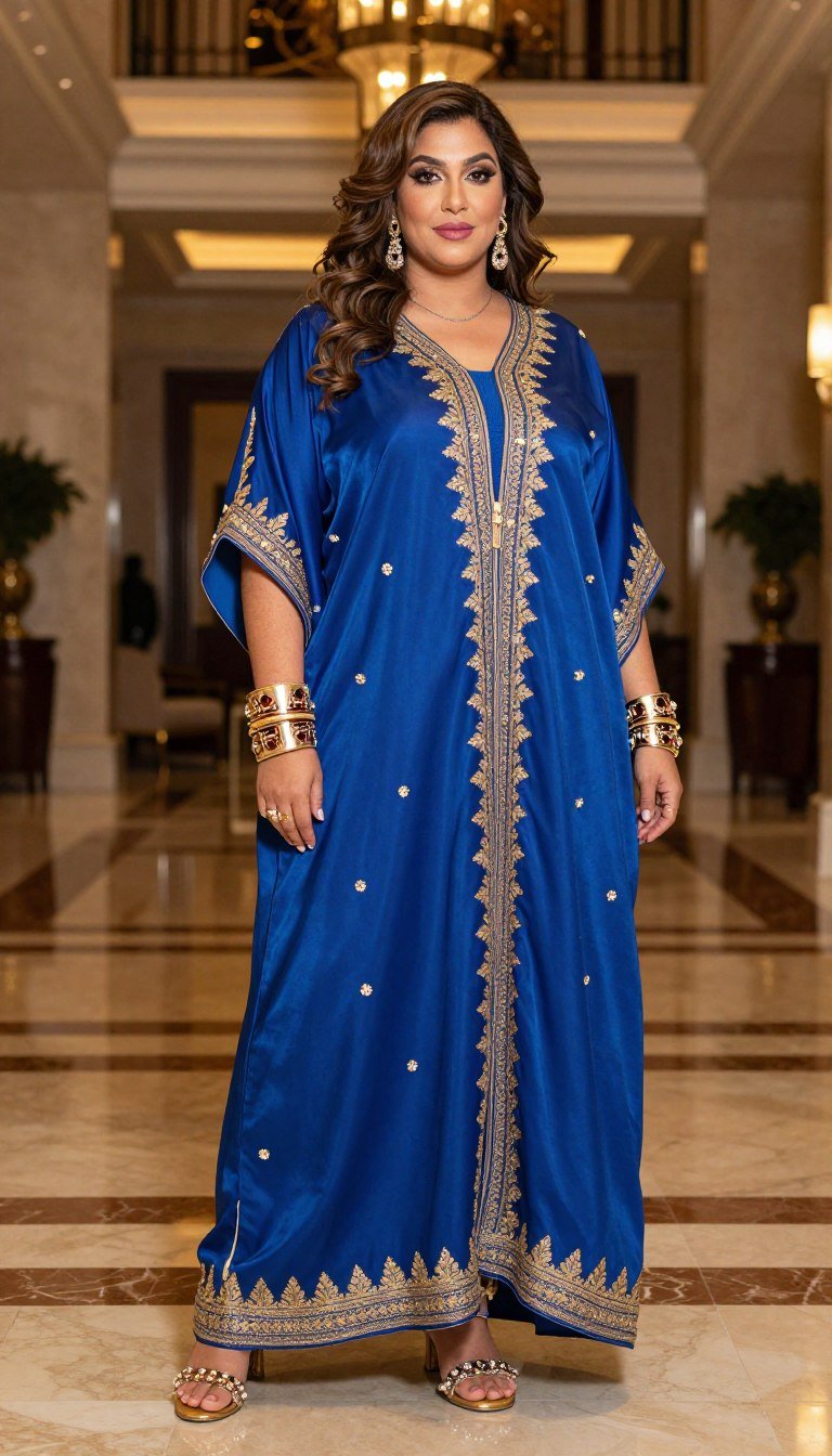 Plus size woman in embellished caftan dress