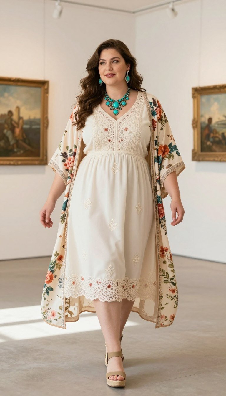 Plus size woman in embroidered midi dress with kimono layer