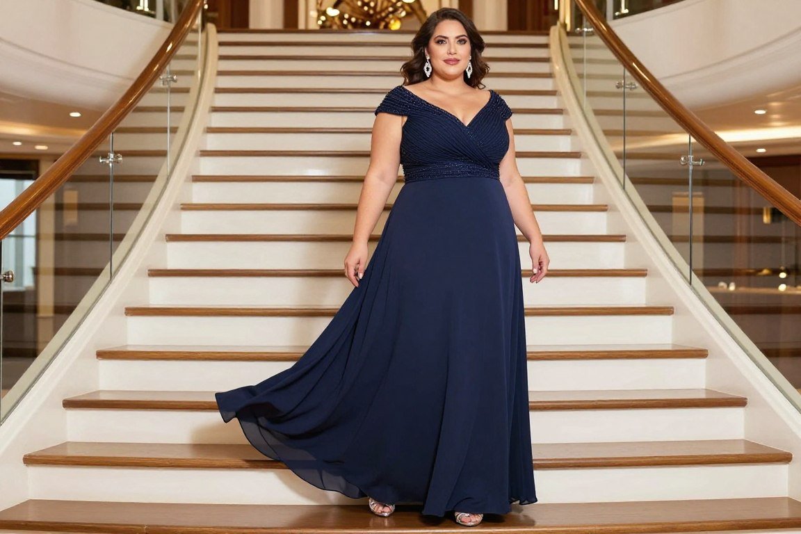 Plus size woman in floor-length formal gown for cruise formal night