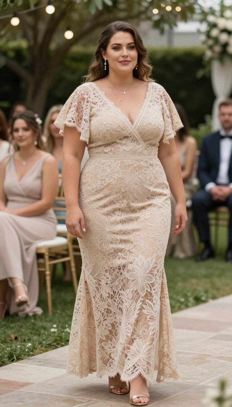 Plus size woman in lace boho maxi dress for wedding