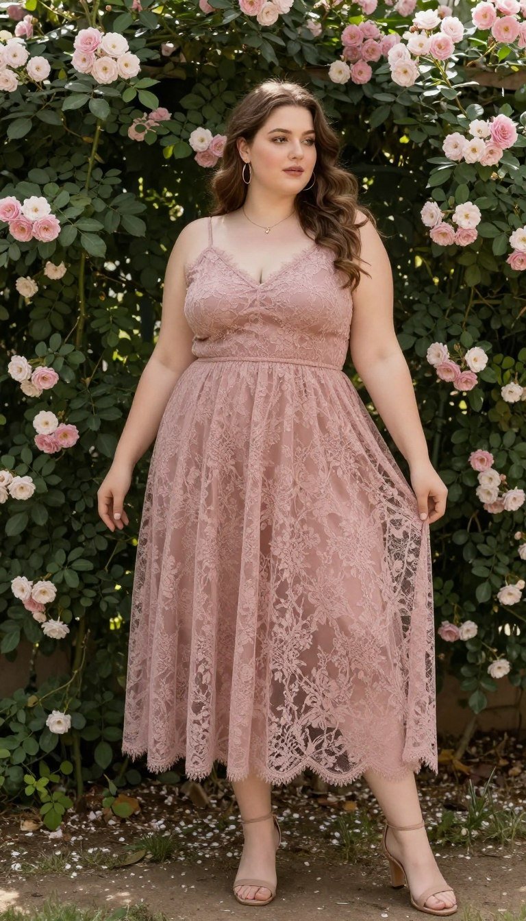 Plus size woman in lace overlay boho dress