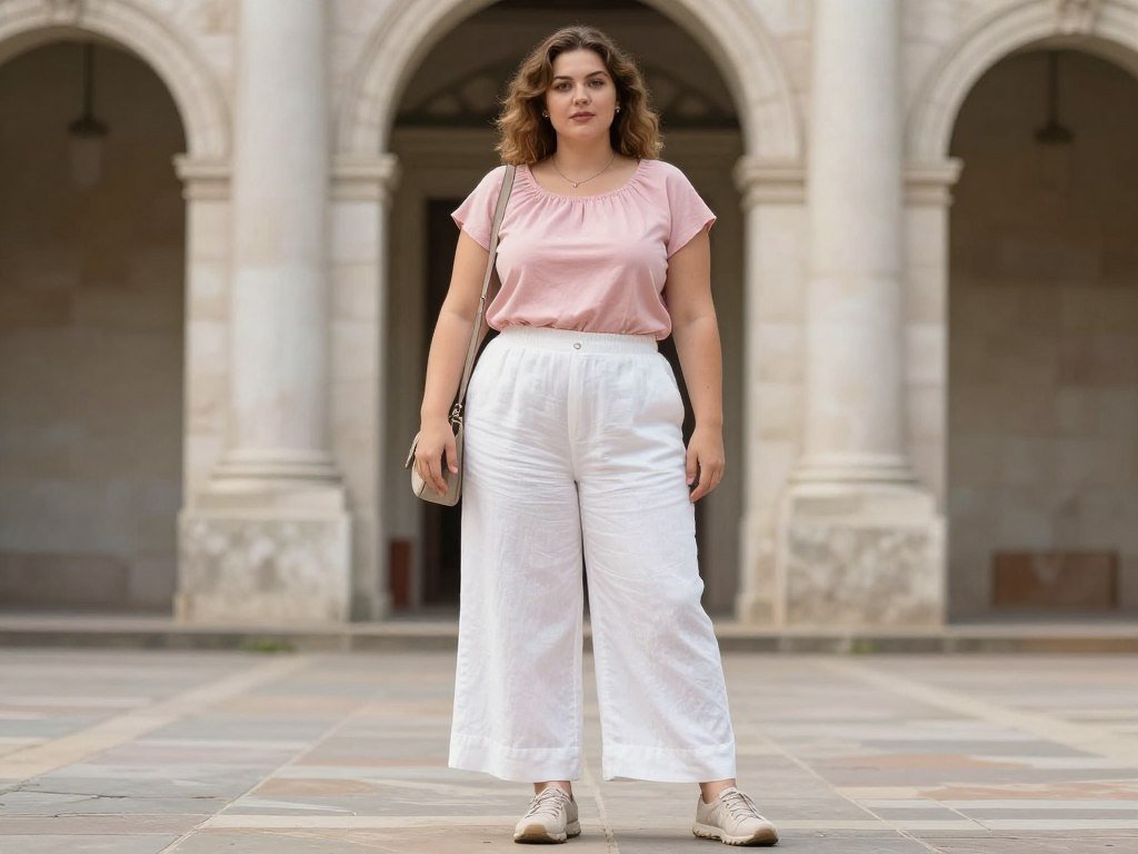 Plus size woman in linen pants and blouse for cultural cruise excursion