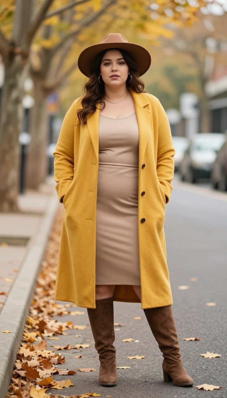 Plus size woman in long cardigan coat over dress