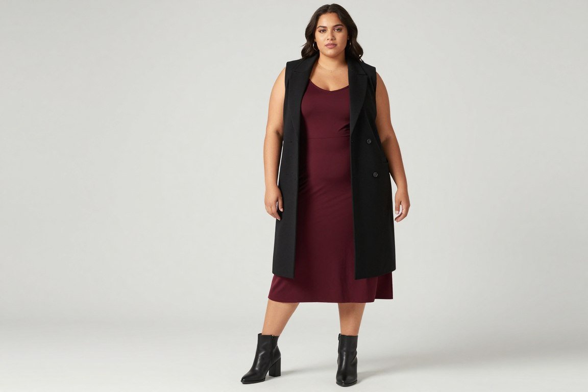 Plus size woman in longline vest over dress