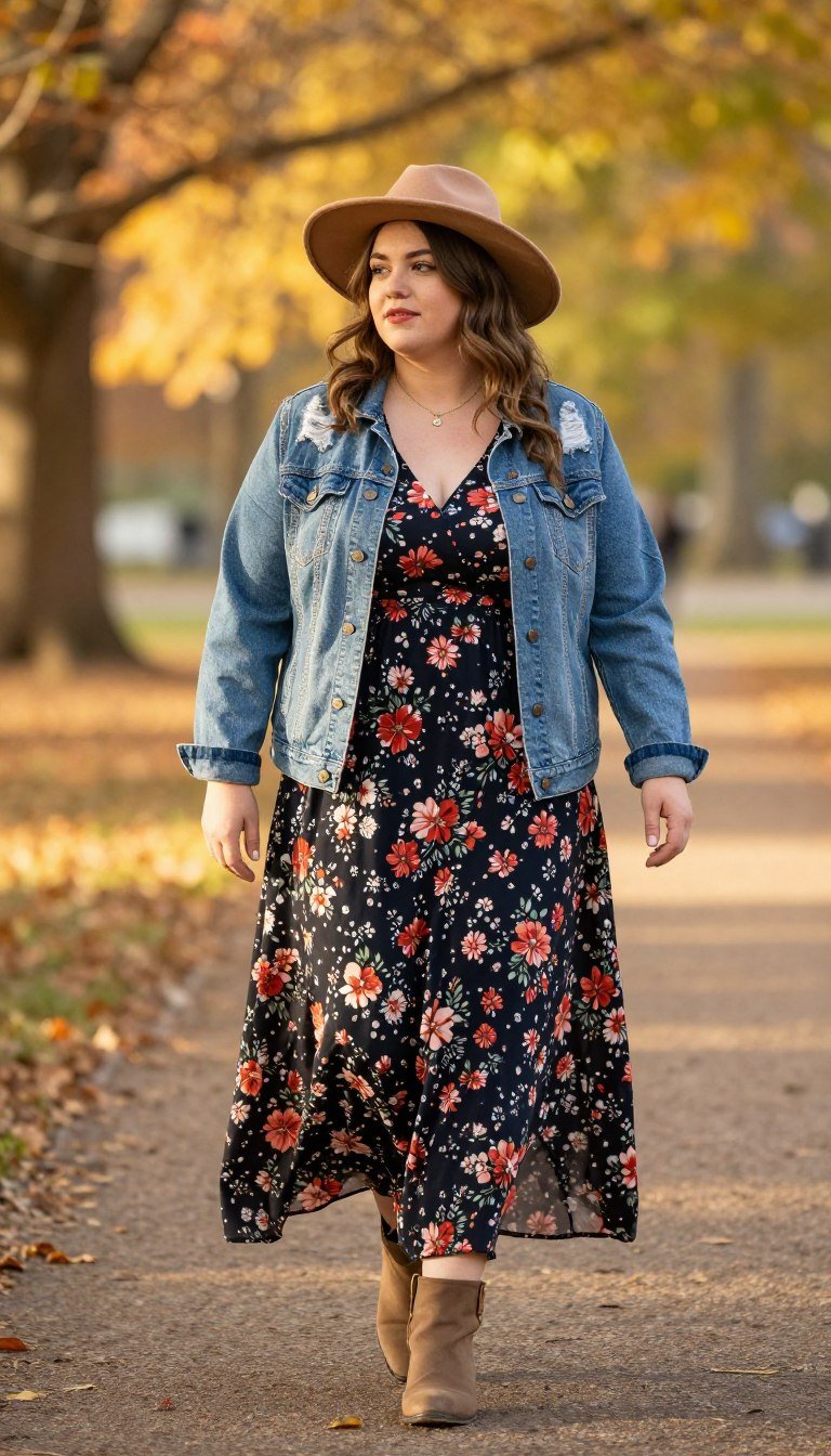 Plus size woman in maxi dress with denim jacket