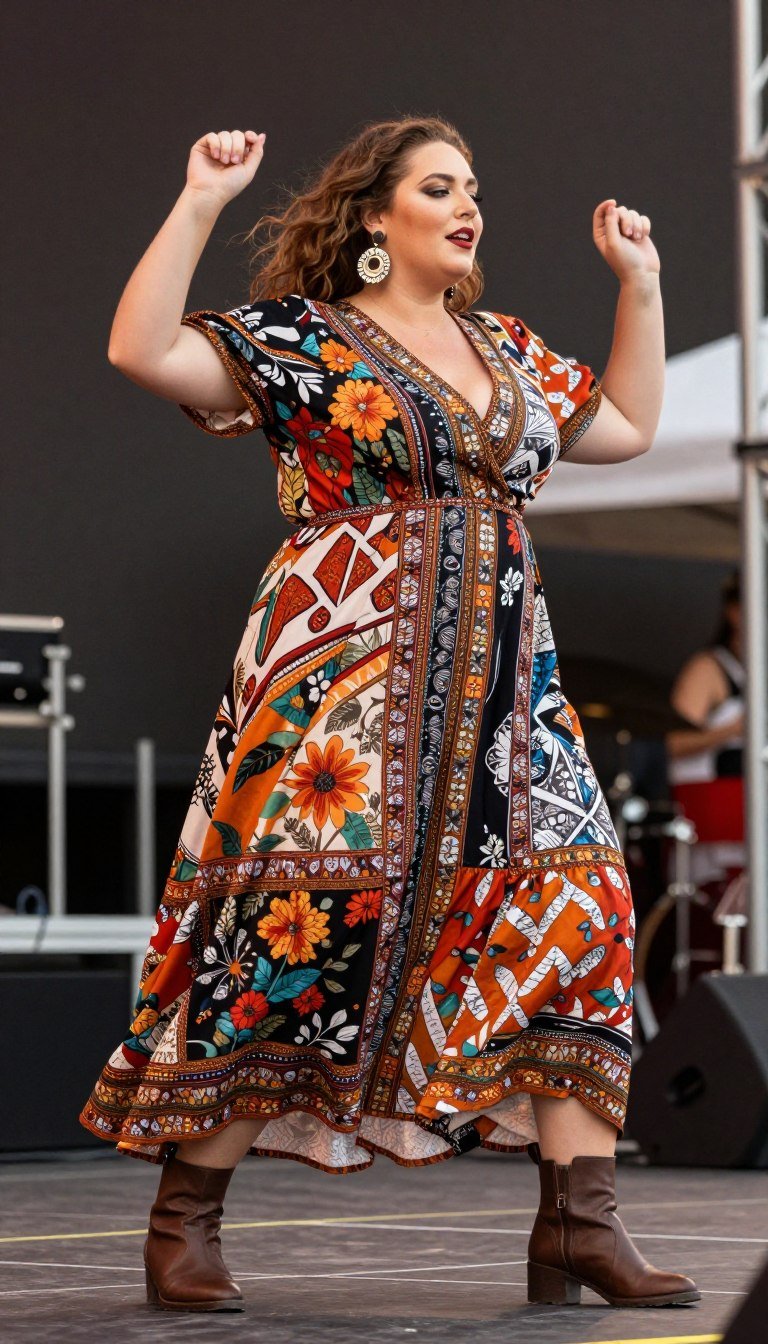 Plus size woman in mixed print boho maxi dress