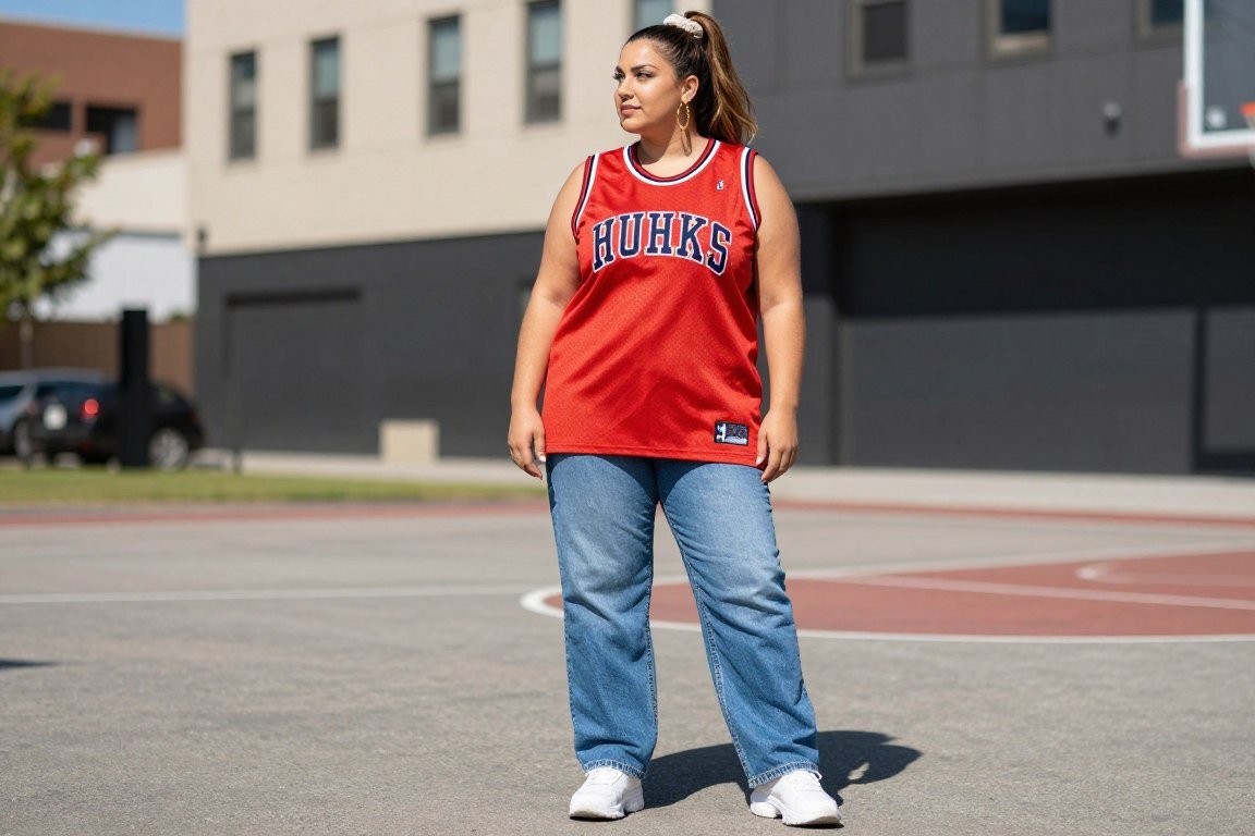 Plus size woman in oversized jersey and baggy jeans 90s hip hop style