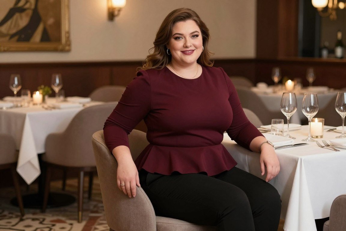 Plus size woman in peplum top and tailored pants at restaurant