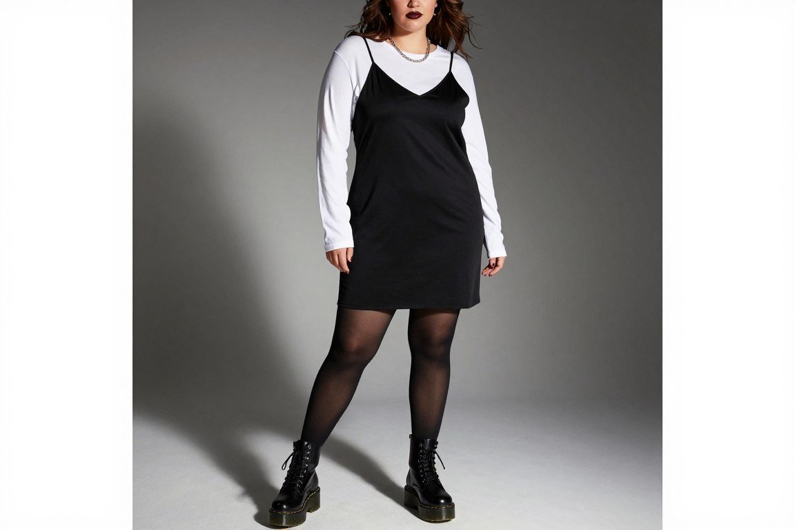 Plus size woman in slip dress over t-shirt 90s grunge style