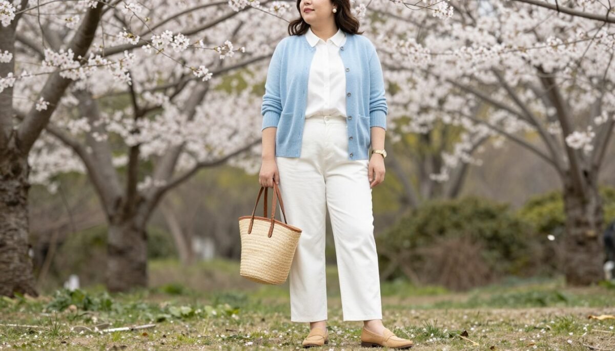 Plus size woman in spring old money outfit with pastel cardigan and white pants Plus size woman in spring old money outfit with pastel cardigan and white pants