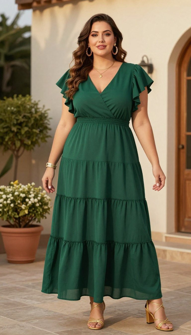 Plus size woman in tiered ruffle boho dress