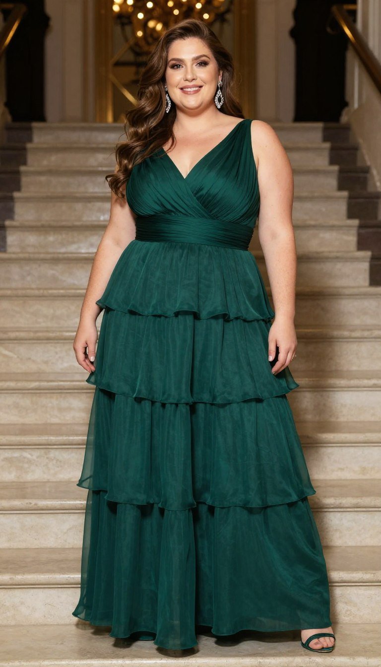 Plus size woman in tiered ruffle gown boho style