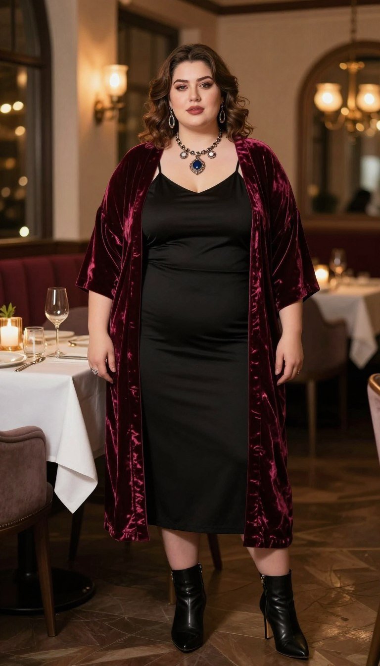 Plus size woman in velvet kimono over slip dress