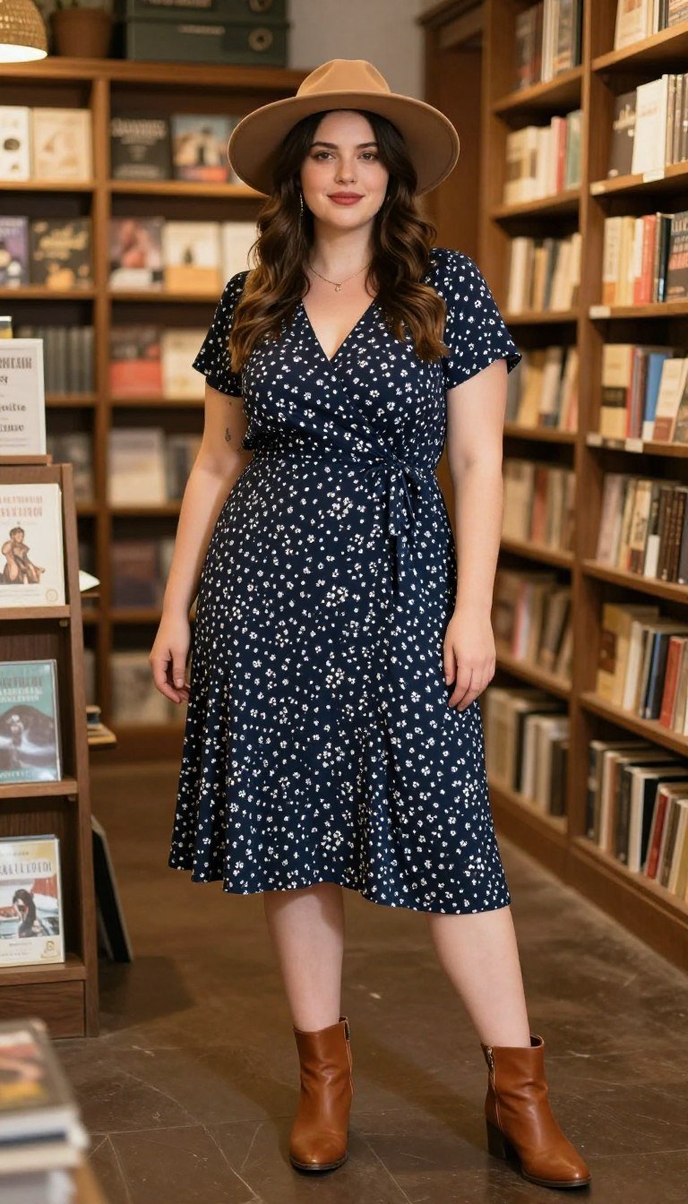 Plus size woman in wrap dress with boho ankle boots