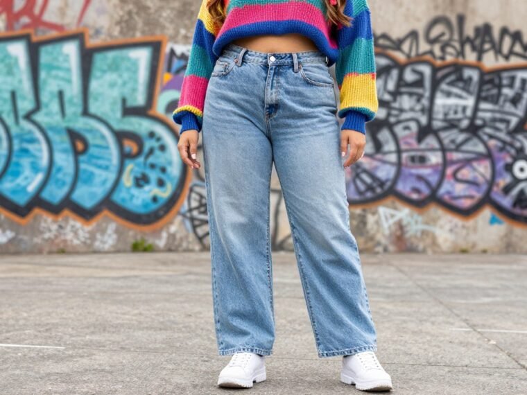 Plus size woman wearing colorful 90s inspired outfit with baggy jeans and crop top