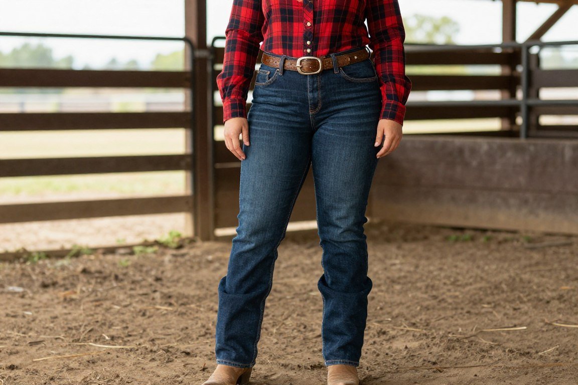Plus size woman wearing dark bootcut jeans and plaid western shirt