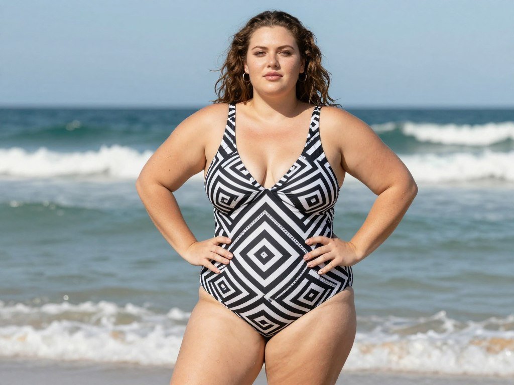Plus size woman wearing fashionable one-piece swimsuit at beach