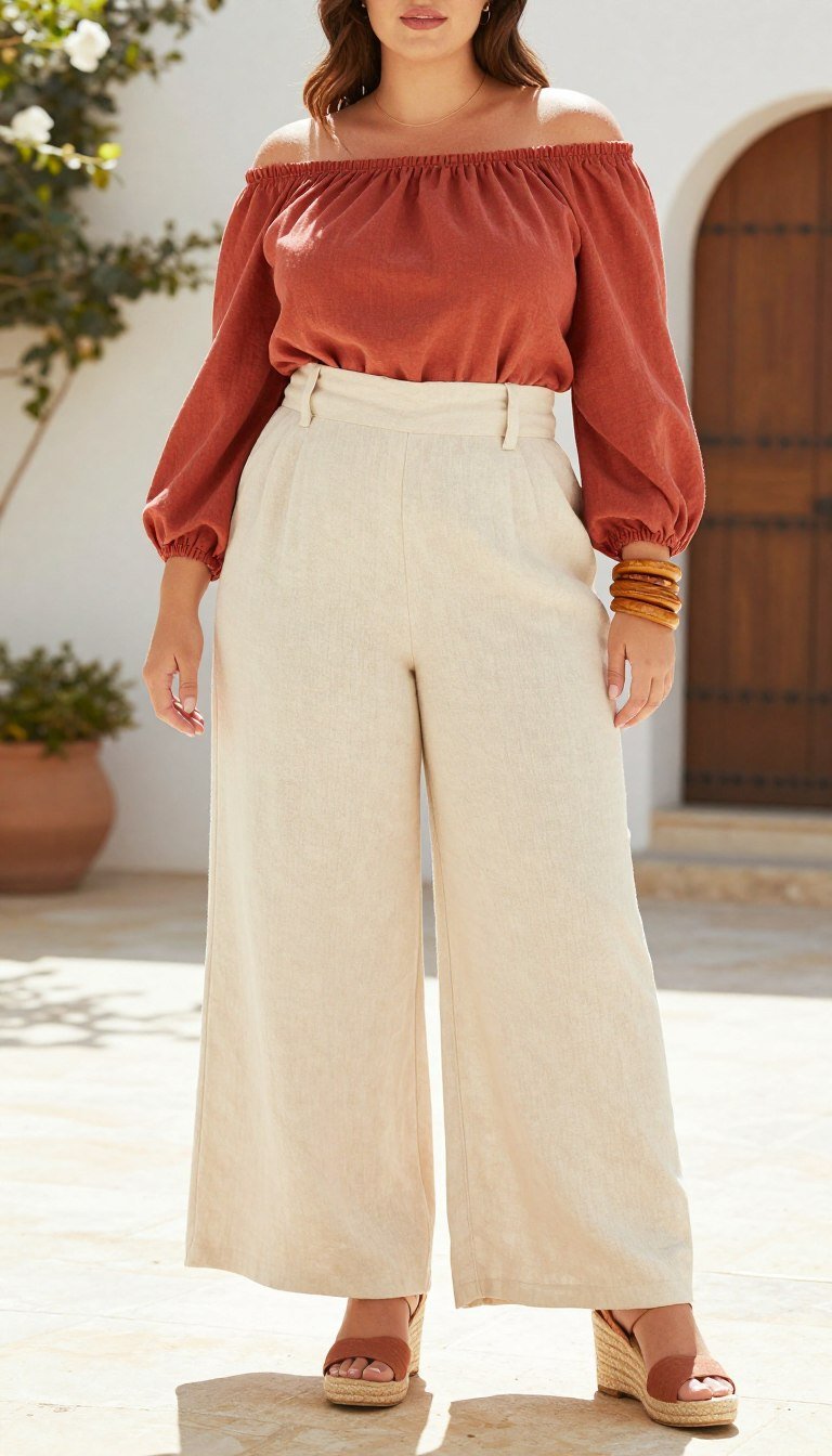 Plus size woman wearing wide-leg linen pants and peasant top