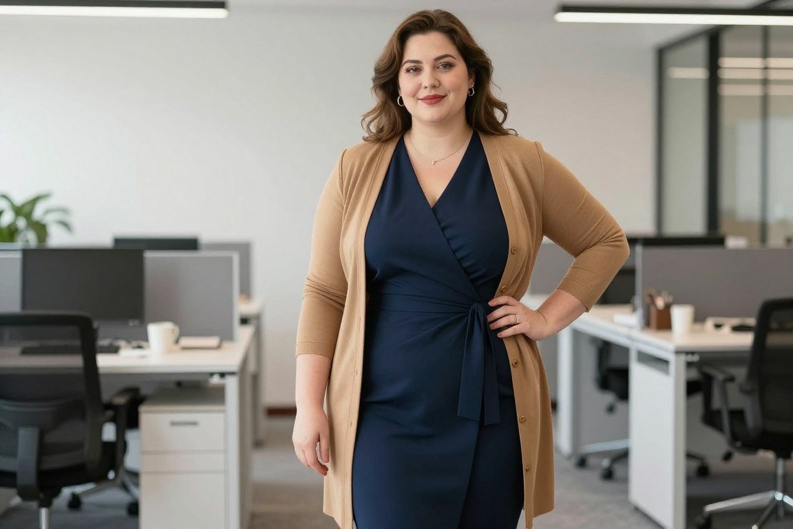 Plus size wrap dress with open front cardigan for professional setting