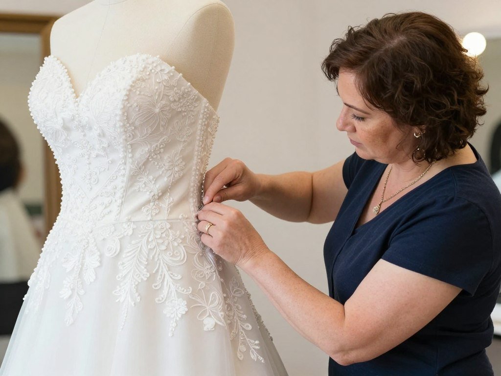 Professional seamstress fitting plus size mother bride dress